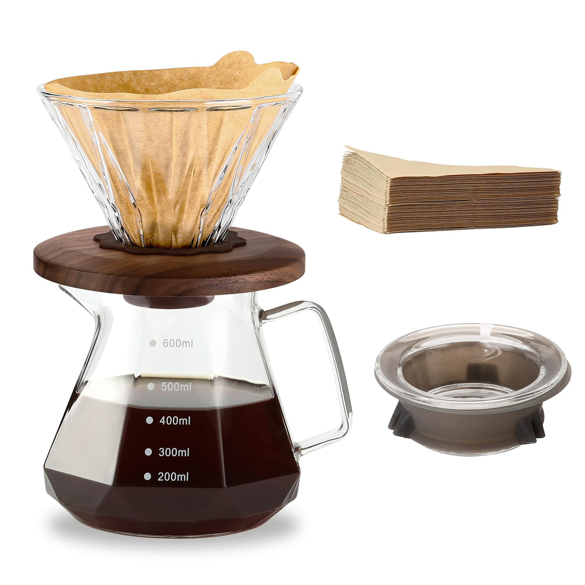 Polydremio pour-over glass dripper with walnut handle for precise brewing.