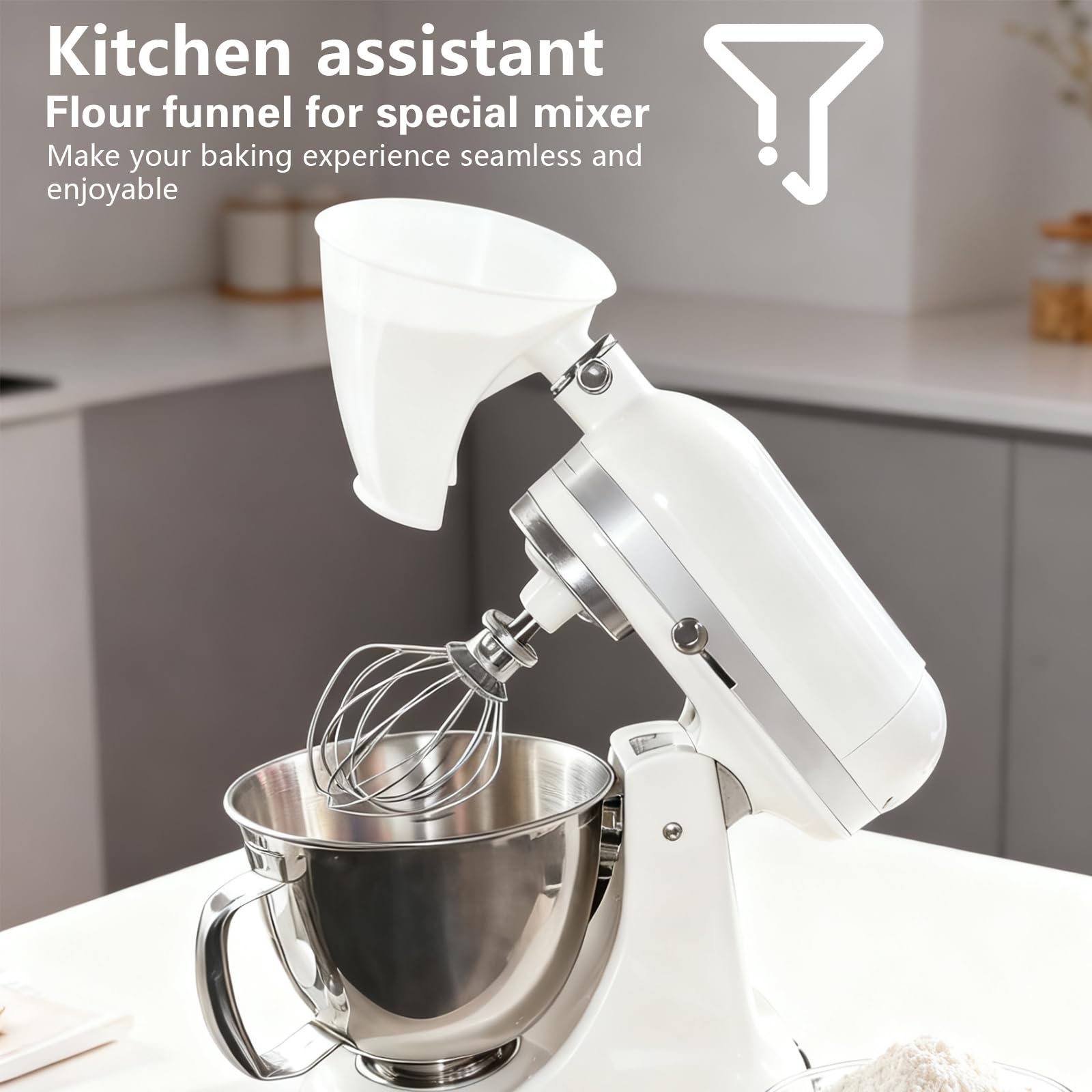Pomfaee angled spout design directs ingredients precisely into the mixer bowl.