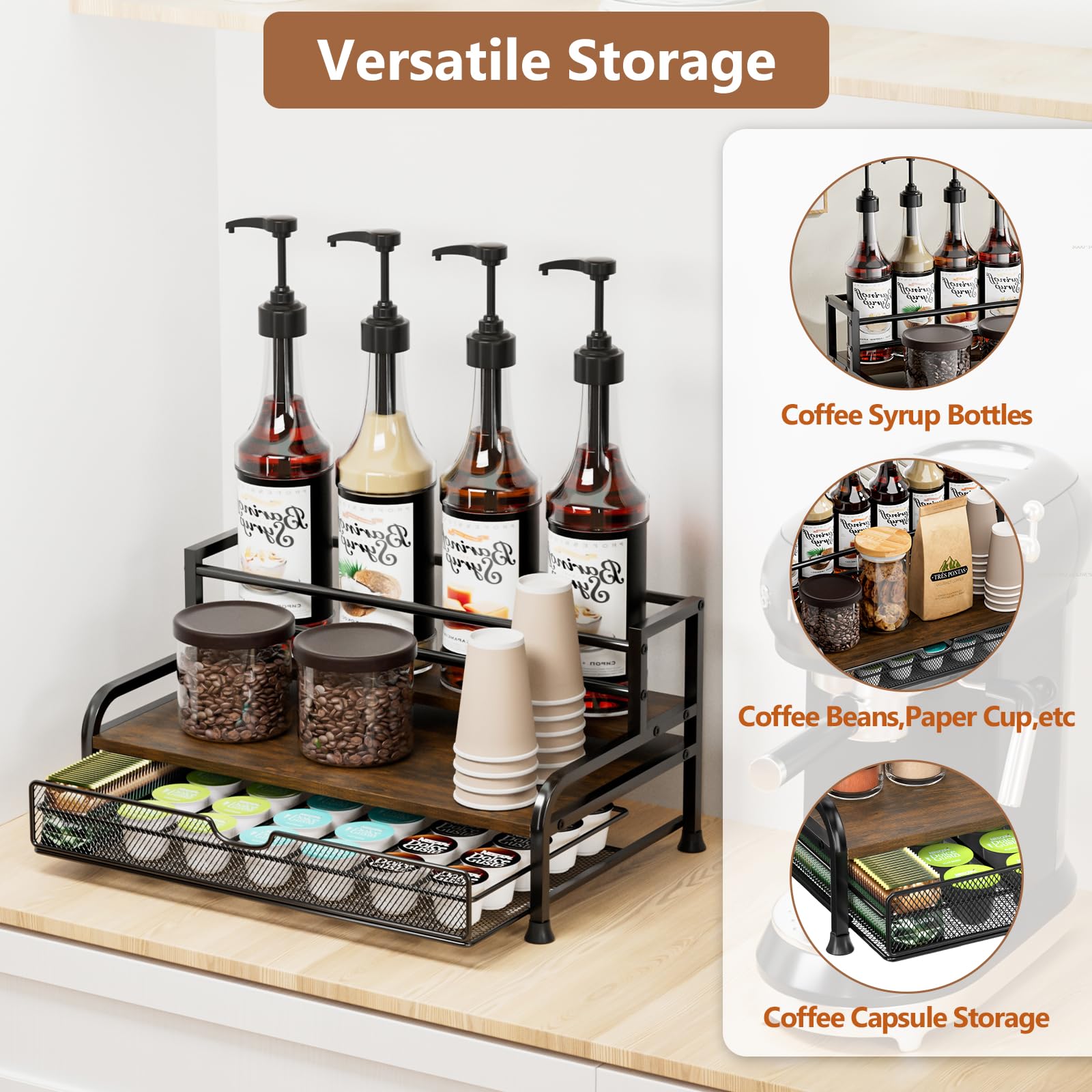 PONEYA matte black coffee bar organizer enhances stylish countertop organization.