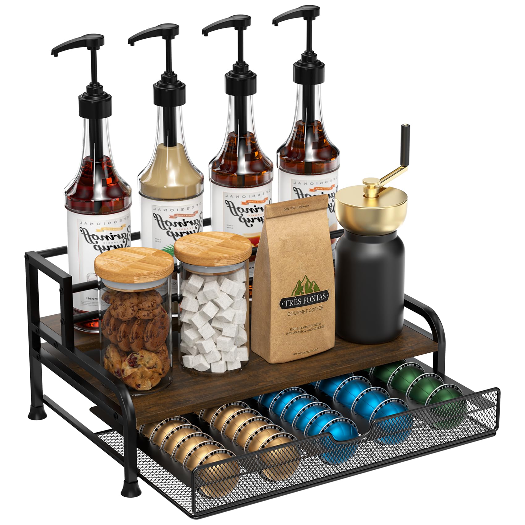 PONEYA 3-tier coffee rack front view organizes capsules and syrups for quick access.