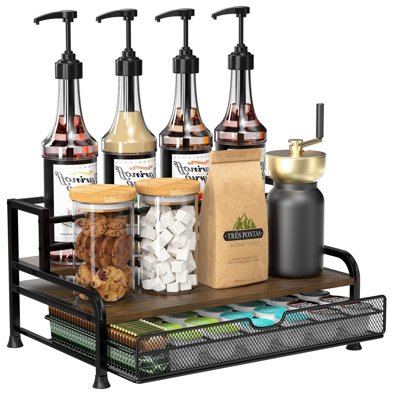 PONEYA 3-tier syrup rack with organized bottles for quick access.