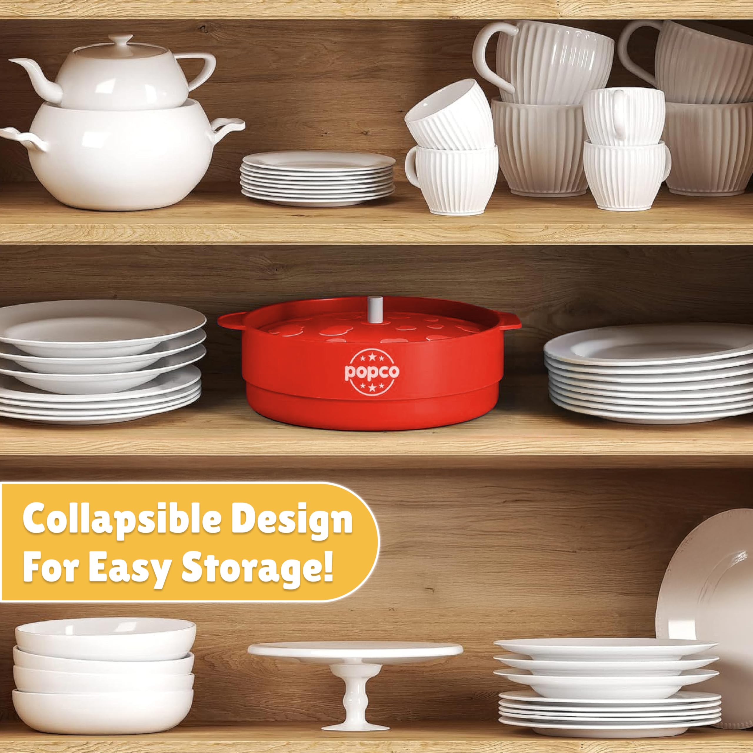 POPCO popcorn bowl with built-in handles for safe handling.