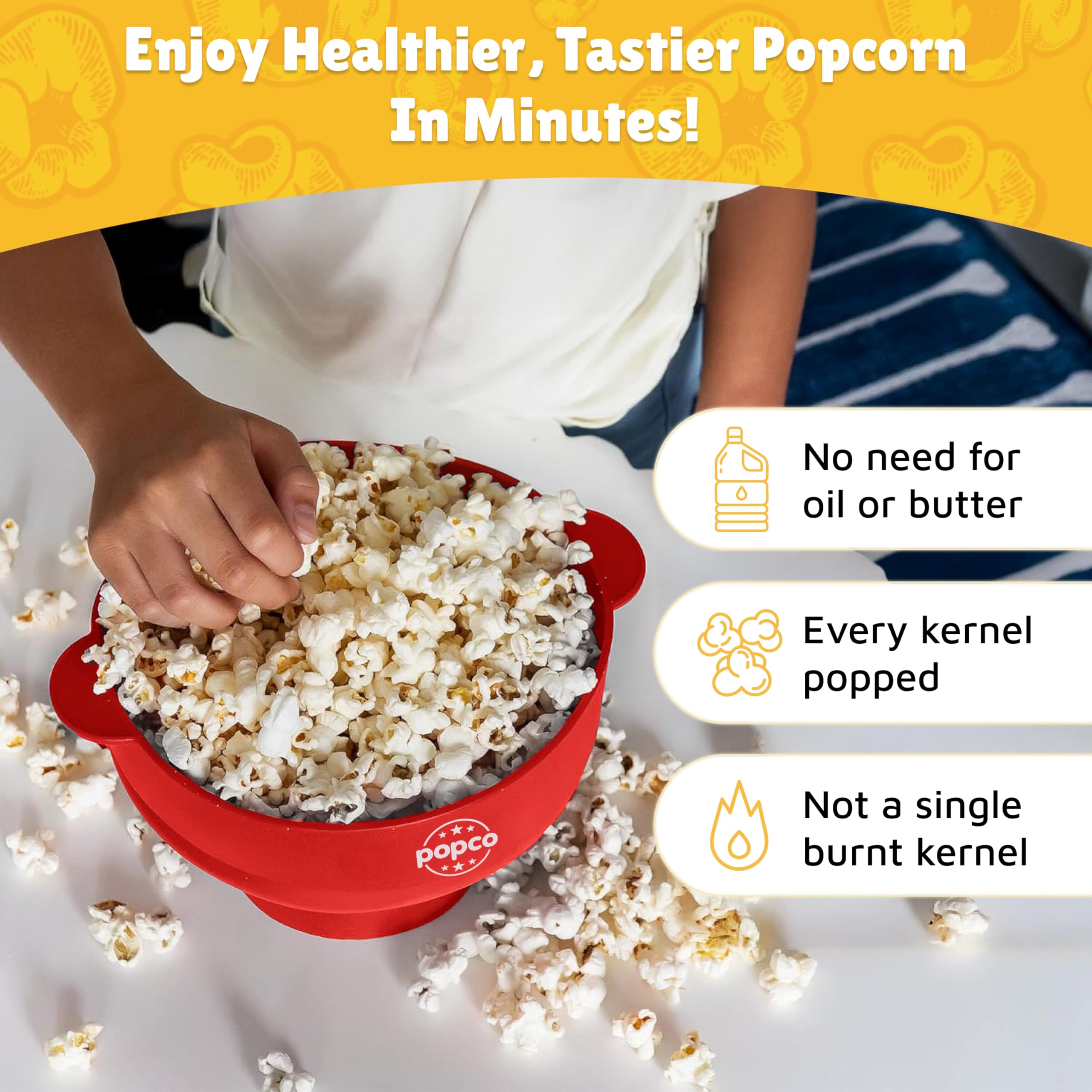 POPCO collapsible popcorn bowl folds flat for compact storage and quick cleanup.