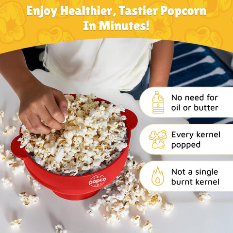 POPCO collapsible popcorn bowl folds flat for compact storage and quick cleanup.