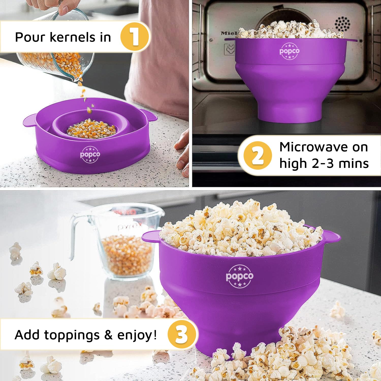 POPCO silicone popper with lid keeps kernels contained and popping evenly.