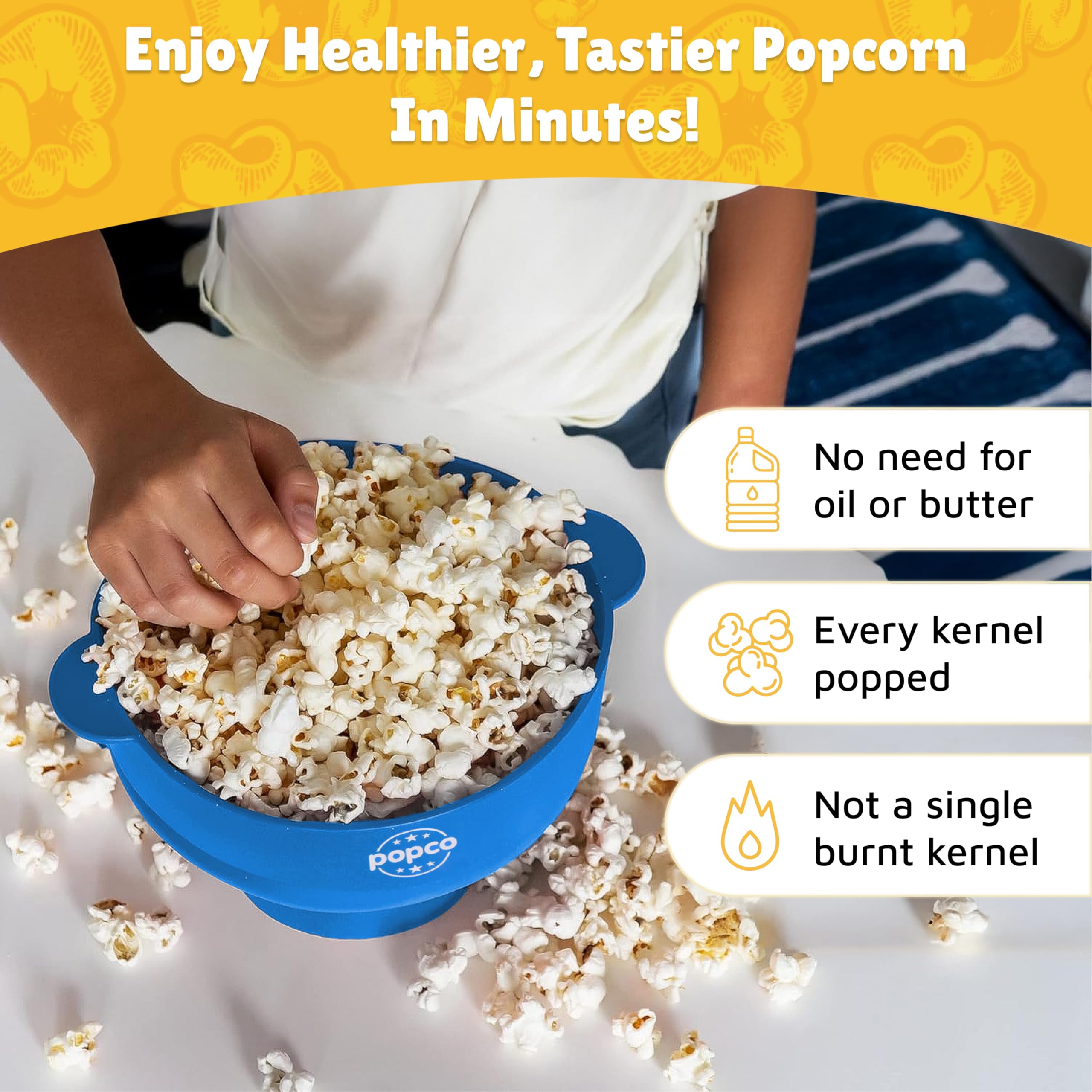Popco popcorn maker with ergonomic handles for safe, easy pouring
