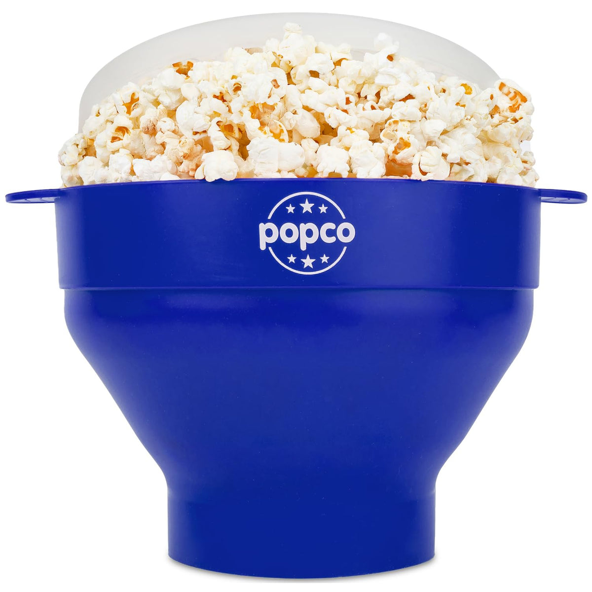POPCO silicone popcorn popper with blue lid and handles for easy microwave use