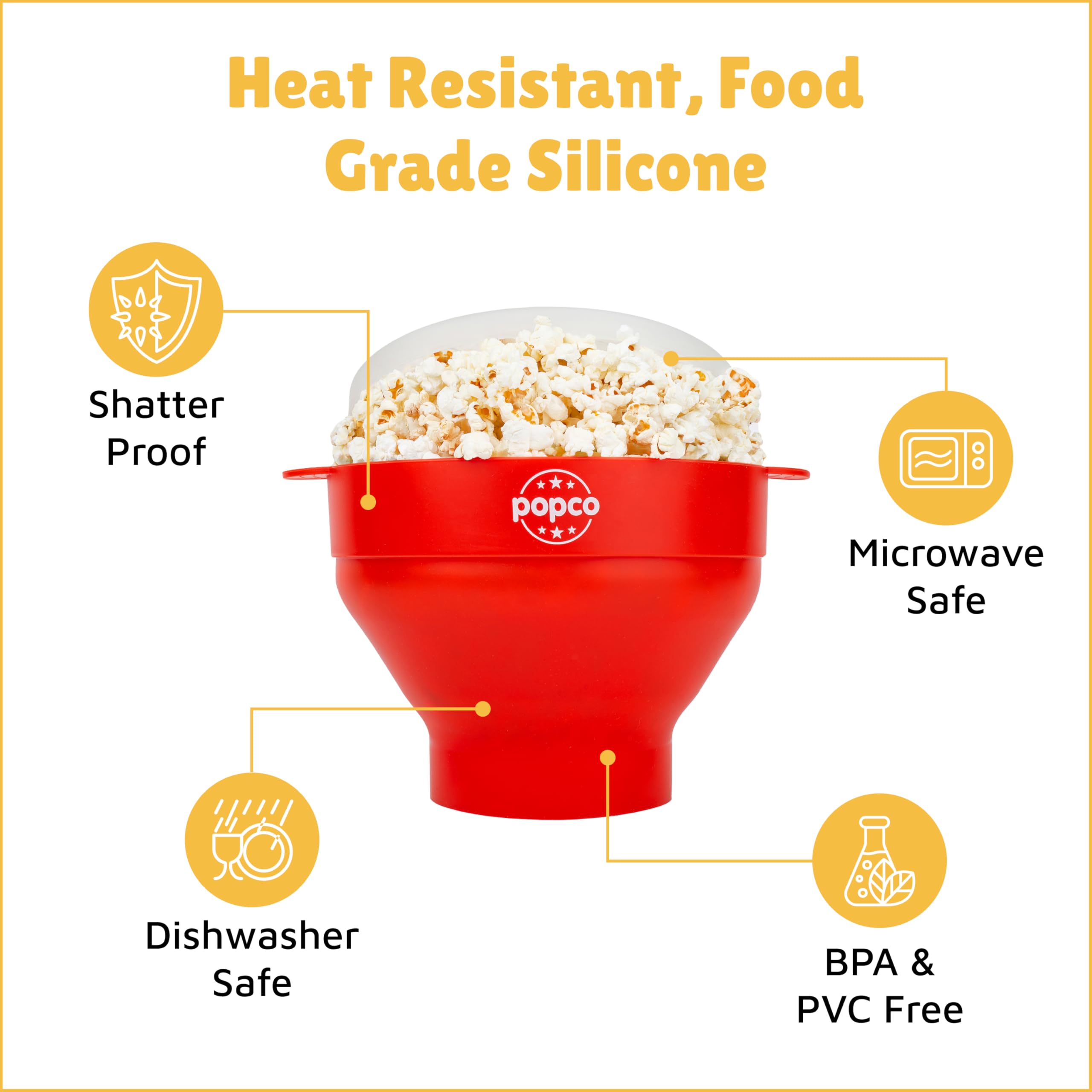 POPCO silicone bowl distributes heat evenly for crispy popcorn.