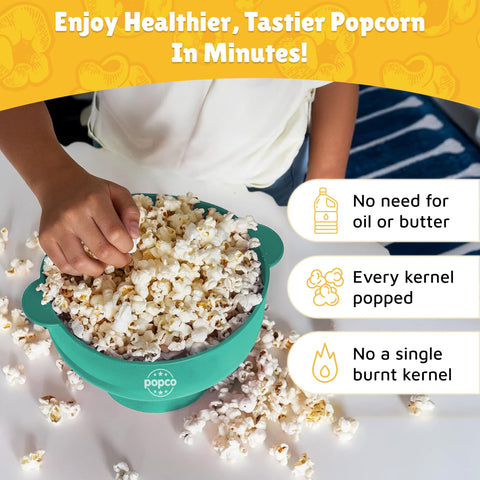 Collapsible POPCO popcorn popper bowl shown folded for space-saving storage.