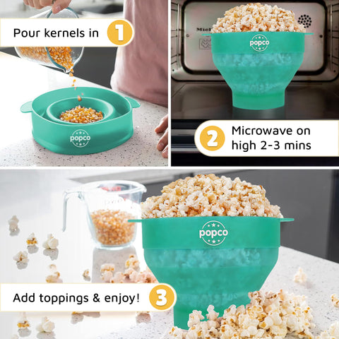 Dishwasher-safe POPCO silicone popcorn popper, easy to clean after snack time.
