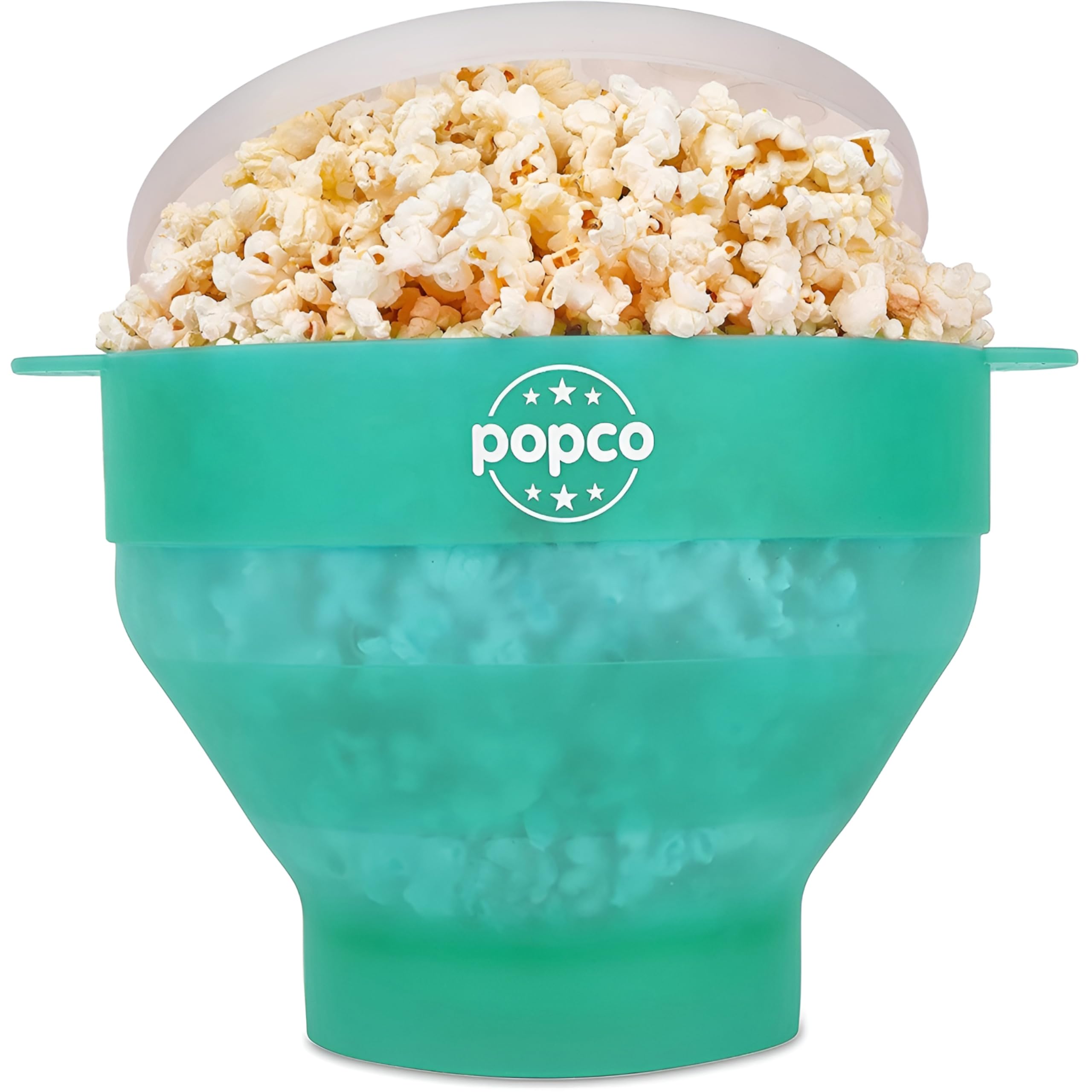POPCO silicone popcorn popper with lid and handles for safe, easy microwave popping.