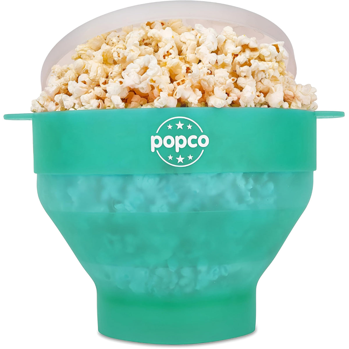 POPCO silicone popcorn popper with lid and handles for safe, easy microwave popping.