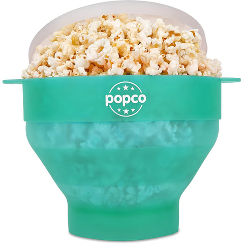POPCO silicone popcorn popper with lid and handles for safe, easy microwave popping.