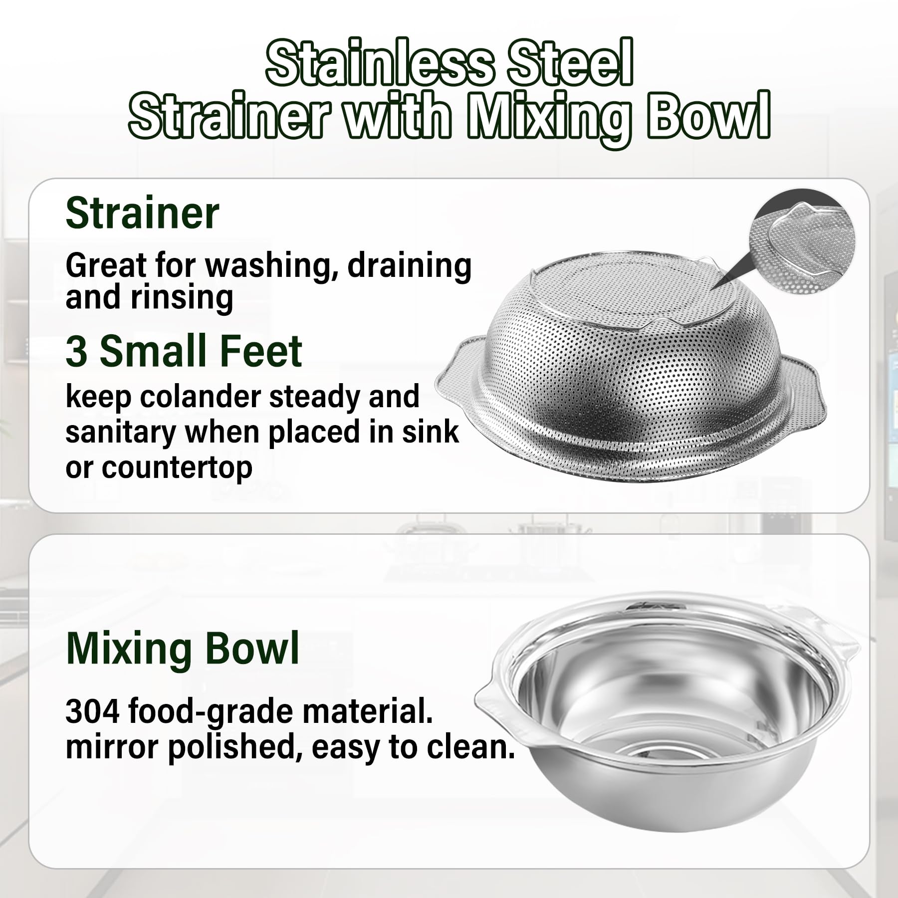 POPGRADE dishwasher-safe stainless steel colander ready for easy cleanup.