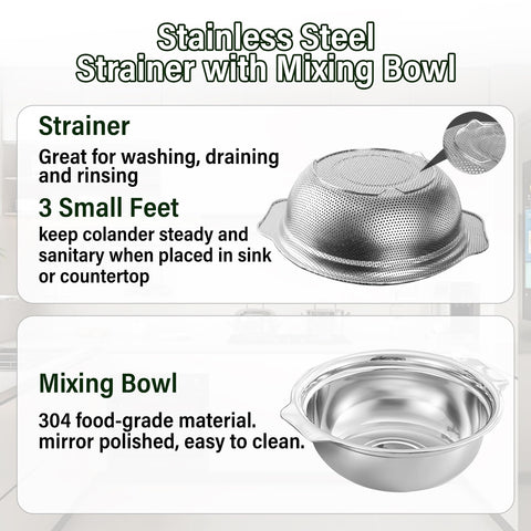 POPGRADE dishwasher-safe stainless steel colander ready for easy cleanup.