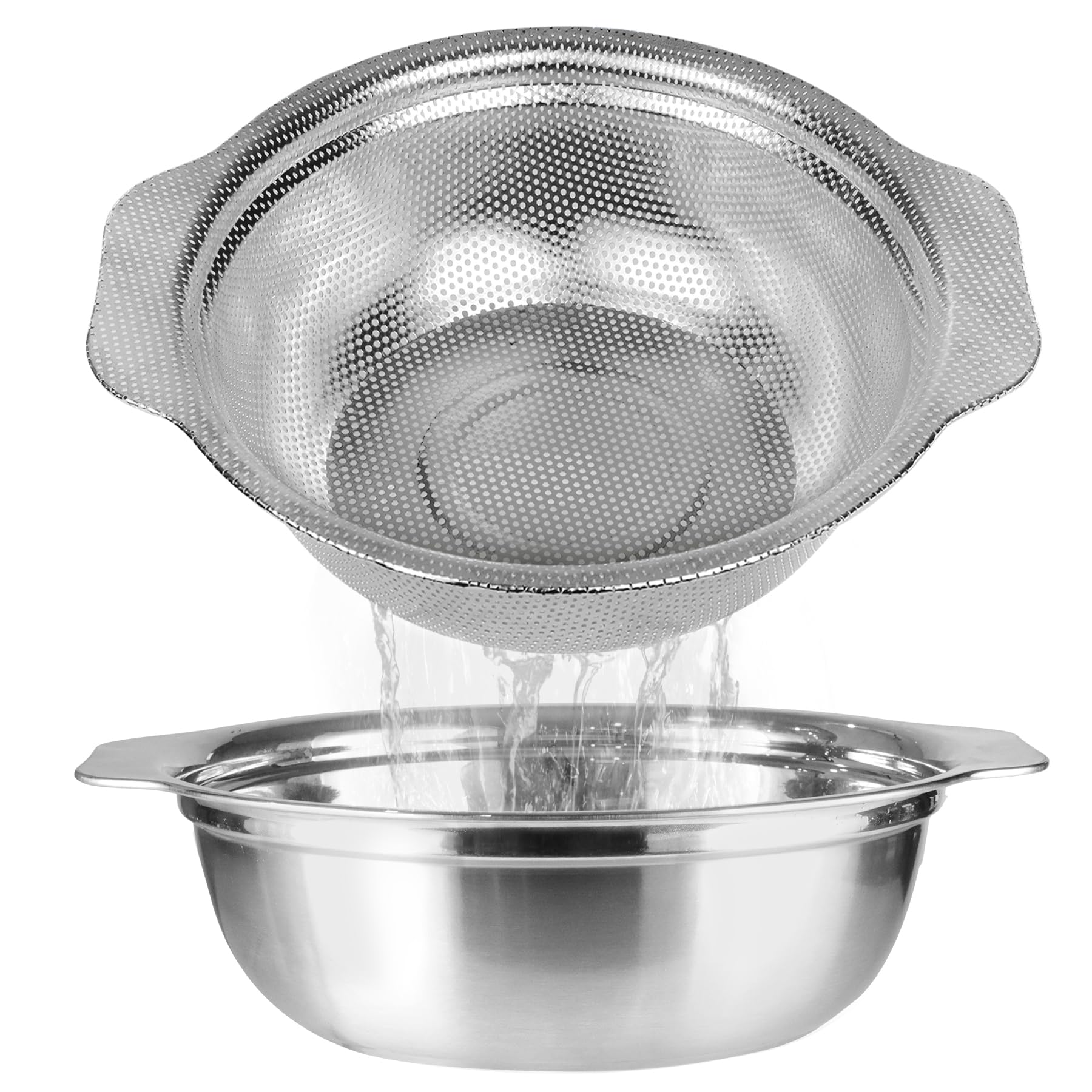POPGRADE stainless steel colander with microporous holes for fast rice rinsing.