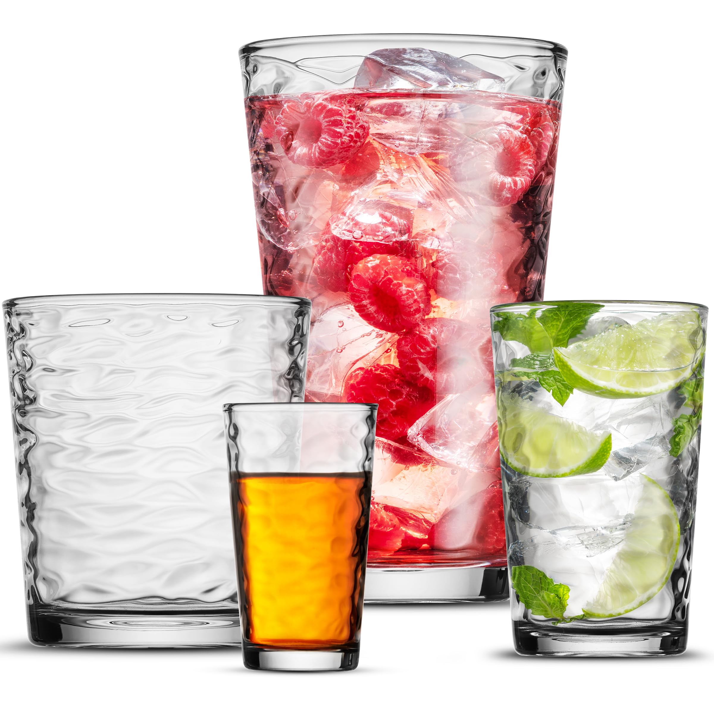 POPLASS Biscayne 16oz highball glass shows icy beverages with crisp clarity.