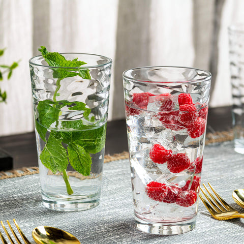 POPLASS Biscayne glassware arranged for entertaining guests at home.