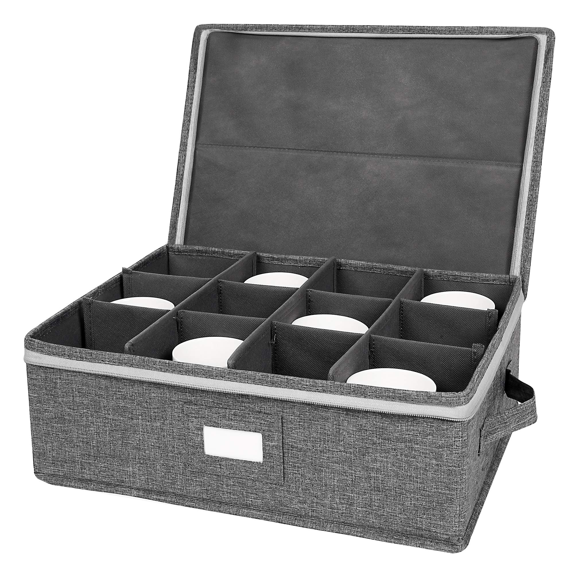Popoly cup and mug storage box in grey with twelve padded compartments for organized mugs