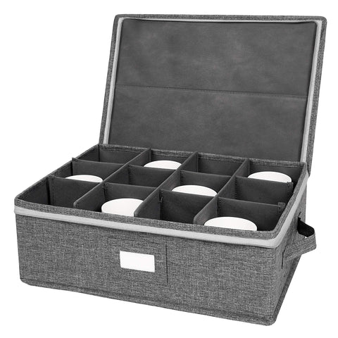 Popoly cup and mug storage box in grey with twelve padded compartments for organized mugs