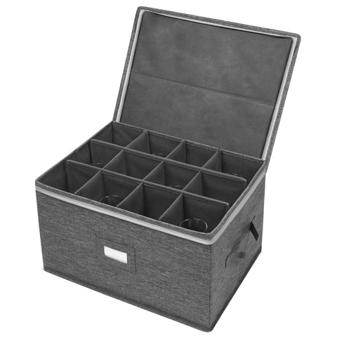 Popoly stemware storage box holds 12 glasses with padded dividers for protection.