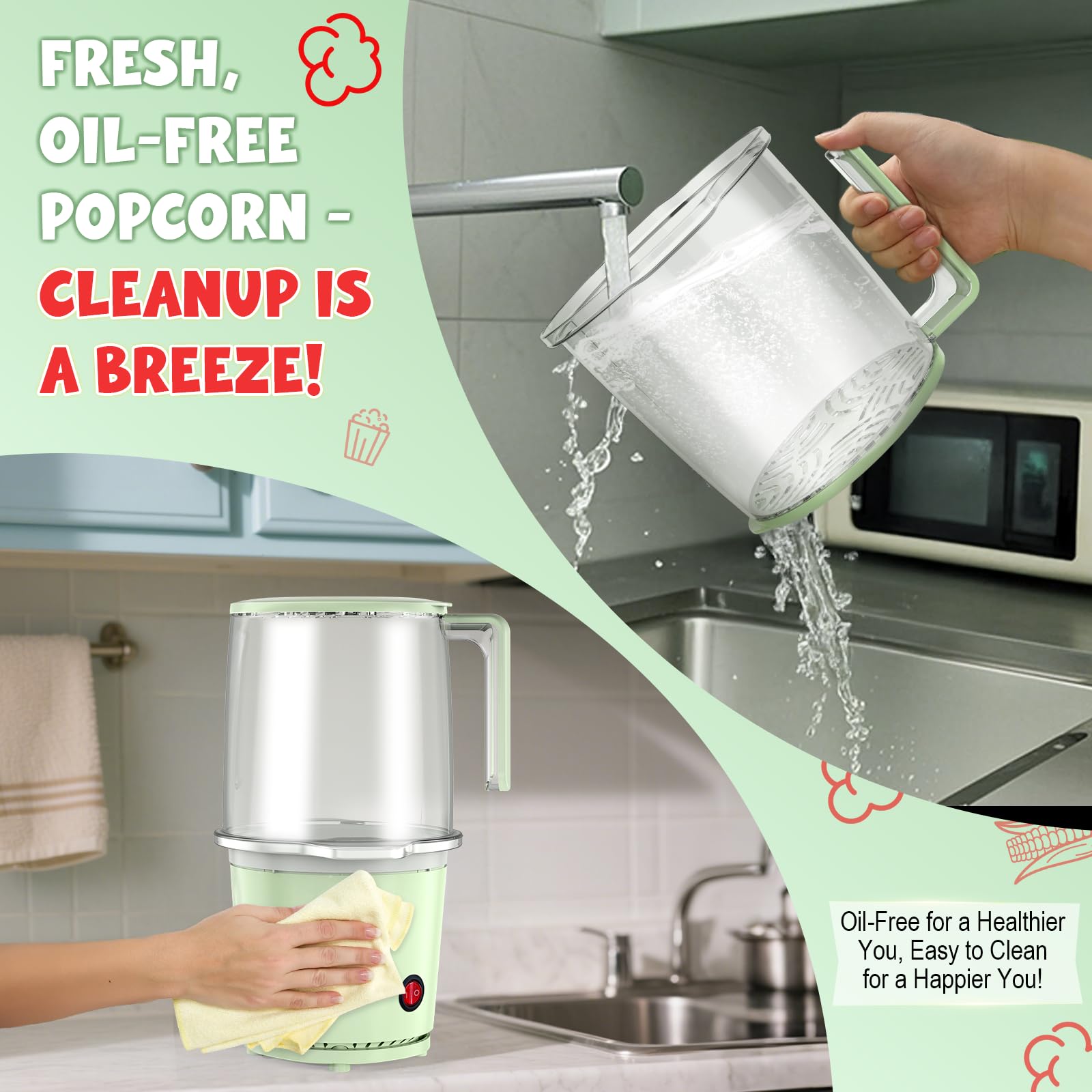 Popperchoice one-touch button emphasizes simple, safe popping every time.