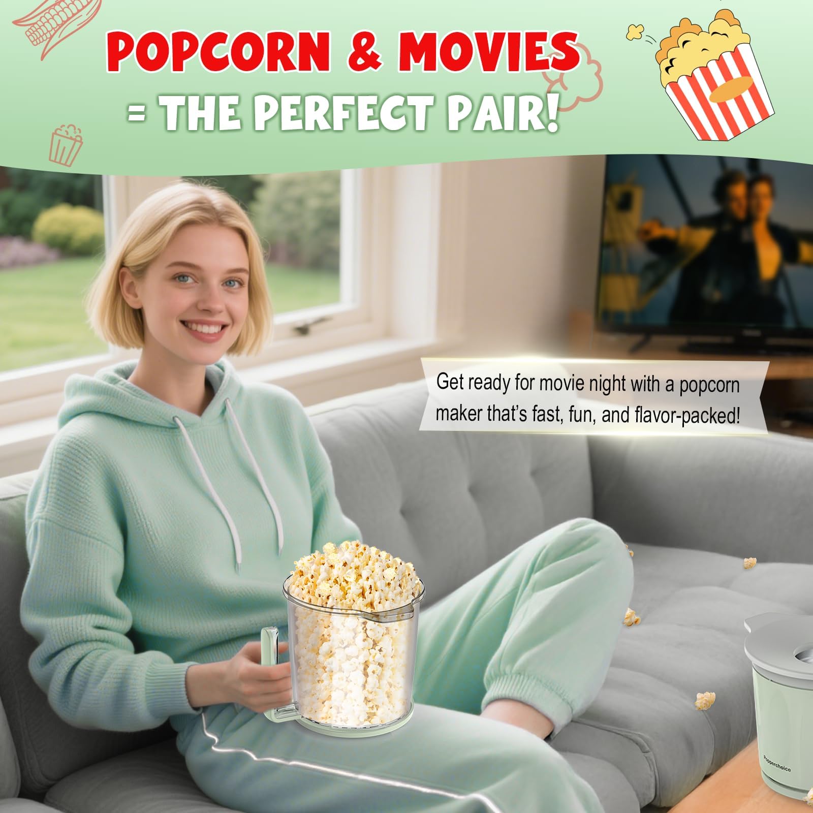 Popperchoice serving bowl attached for easy sharing during movie night.