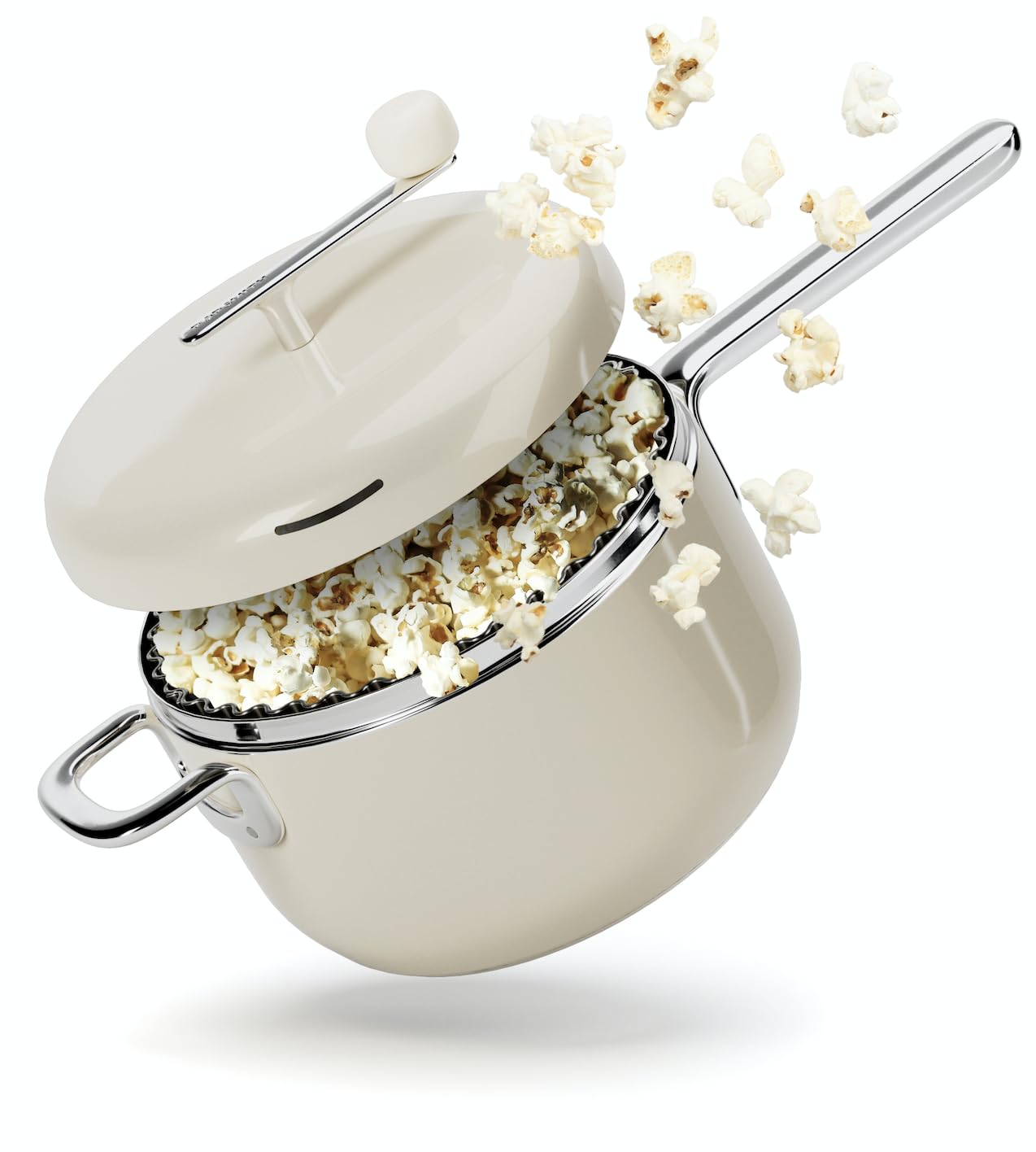 POPSMITH Cream popcorn popper on stovetop for quick, even popping