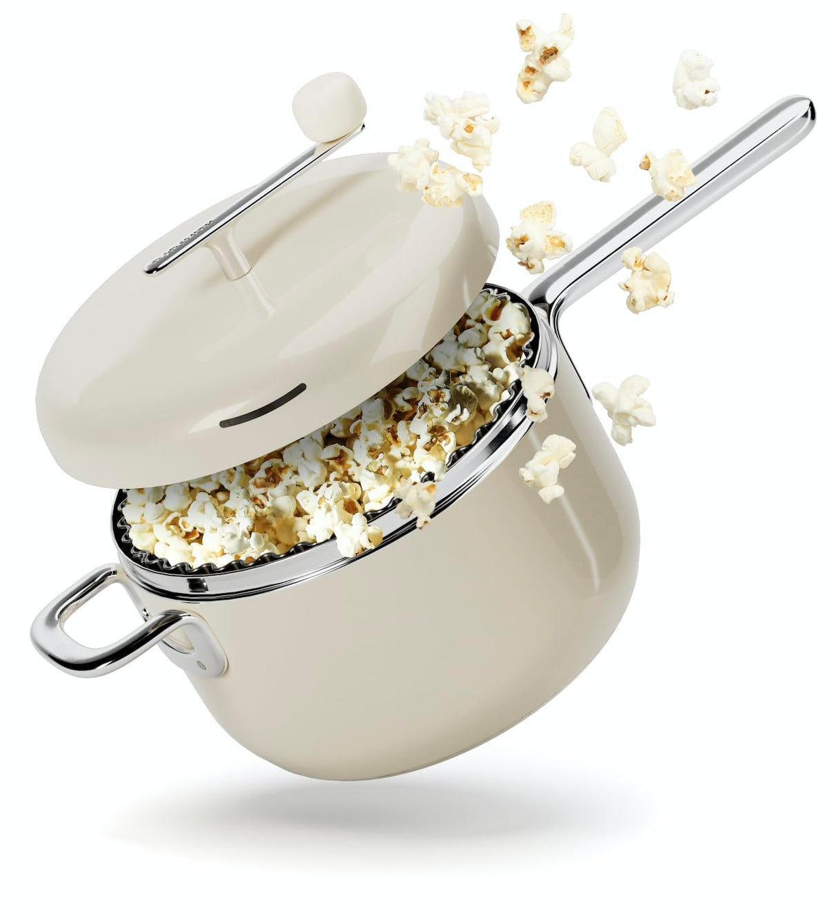 POPSMITH Cream popcorn popper on stovetop for quick, even popping