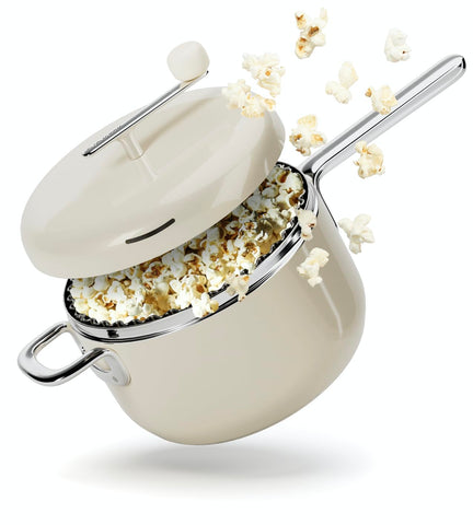 POPSMITH Cream popcorn popper on stovetop for quick, even popping