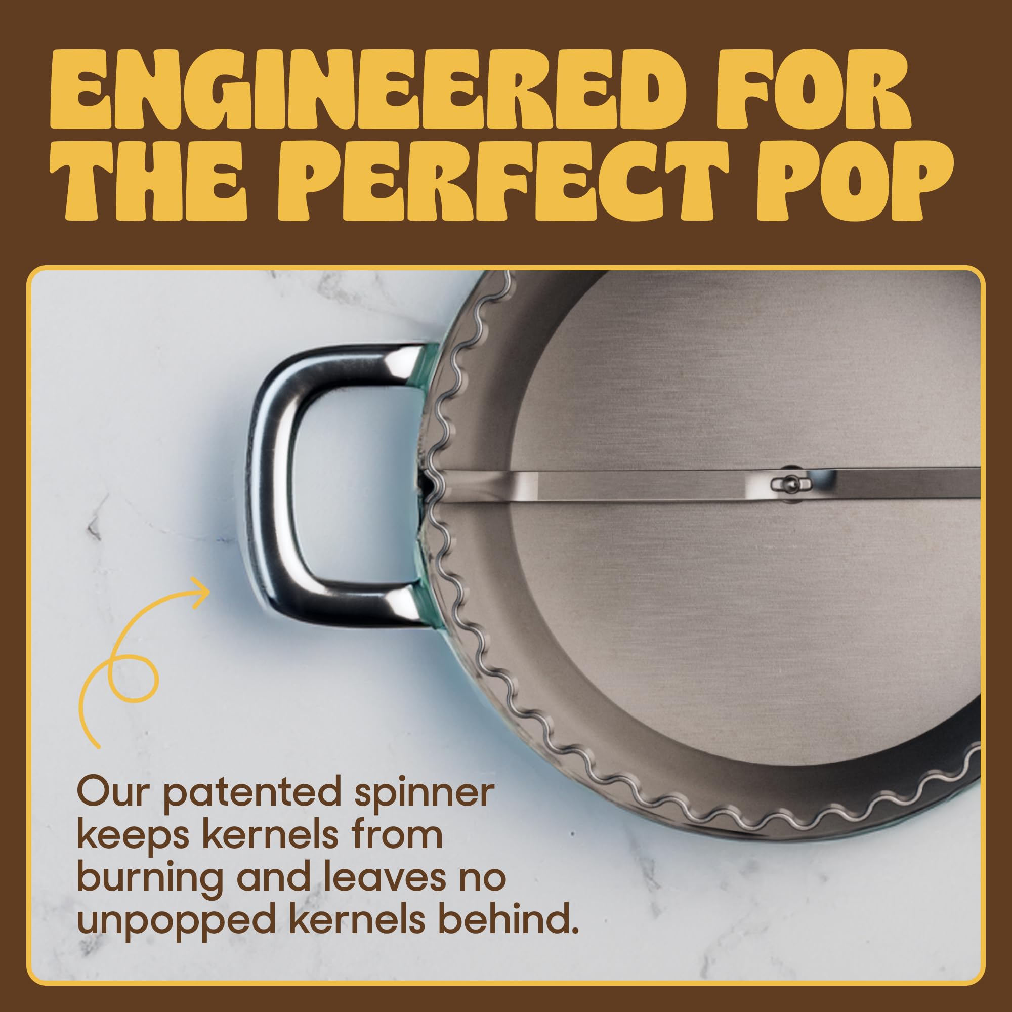 POPSMITH stainless steel 6 quart popcorn popper close up