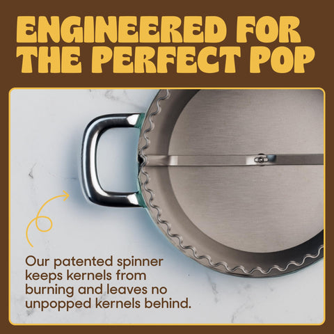 POPSMITH stainless steel 6 quart popcorn popper close up