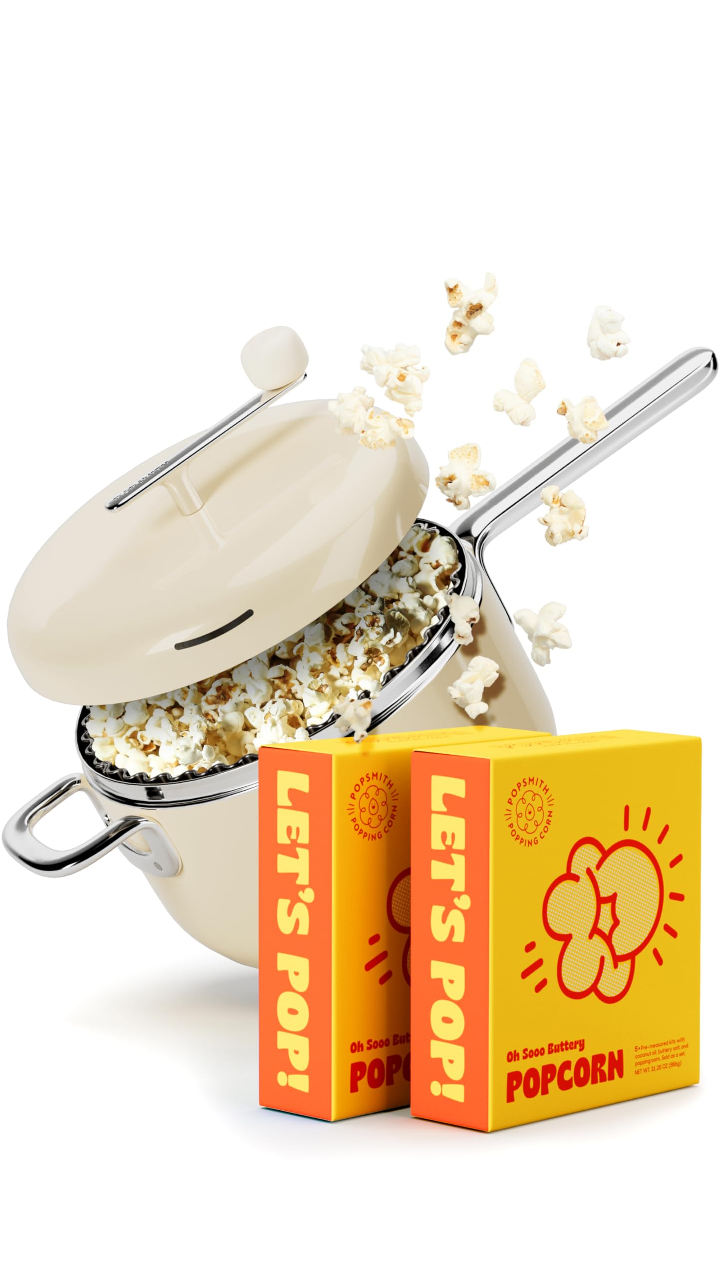POPSMITH Starter Bundle Cream 6-qt popper ready for family movie night in the kitchen