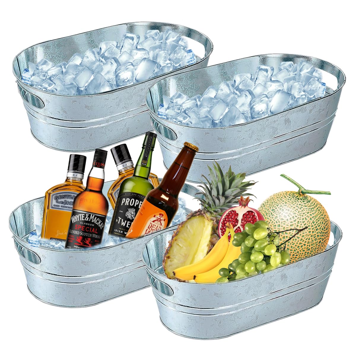 PORPOR BOOYA four-pack galvanized ice buckets with carry handles keep drinks cold at parties.
