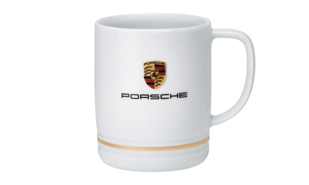 Porsche Crest porcelain cup with white finish and gold ring, elegant daily coffee ritual