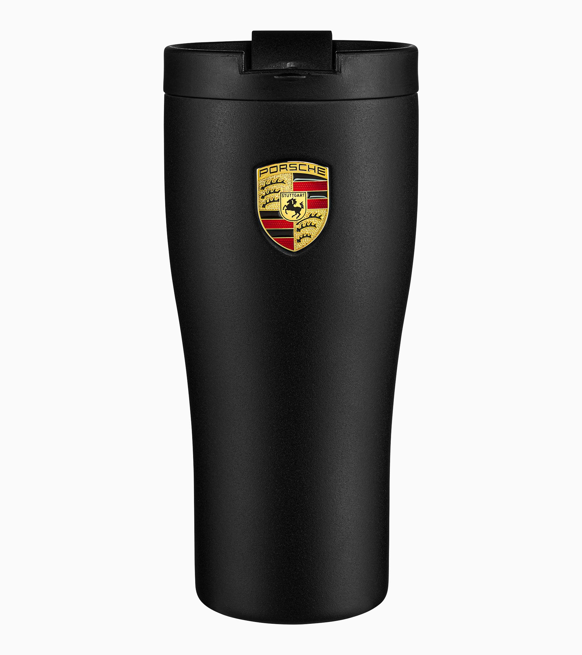 Porsche matte black thermal coffee tumbler with double-wall insulation for hot or cold drinks