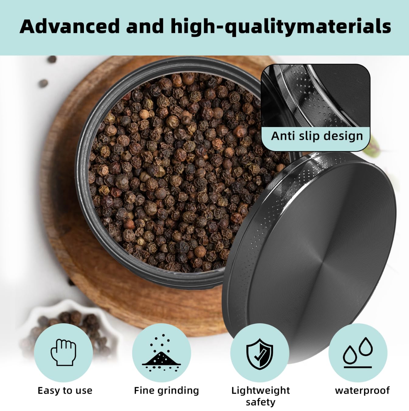 Porsuca spice mill grinder, black top view shows compact design.