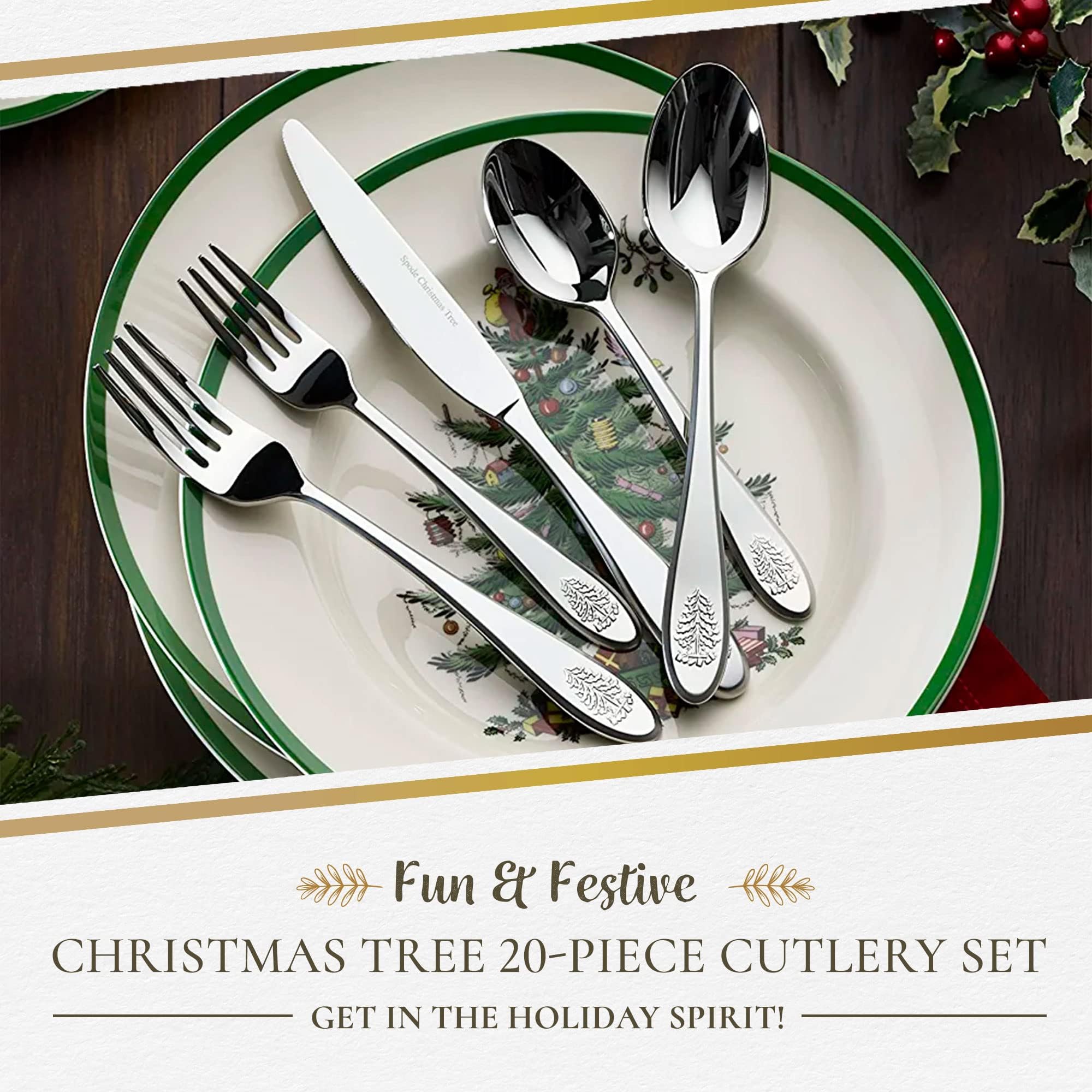 Portmeirion Spode Christmas Tree salad forks highlighting the ornamented motif