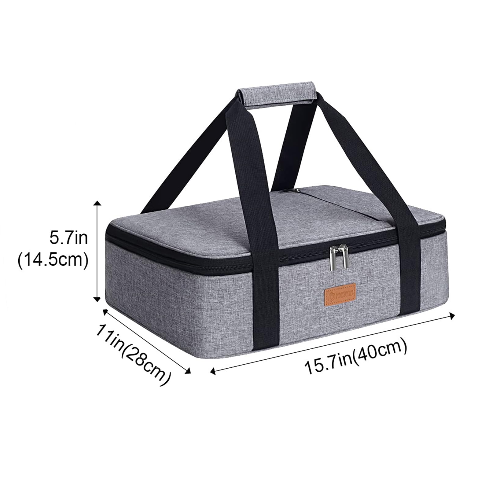 Poruary casserole carrier expanded compartment shows added capacity for larger dishes.