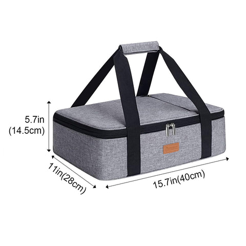 Poruary casserole carrier expanded compartment shows added capacity for larger dishes.