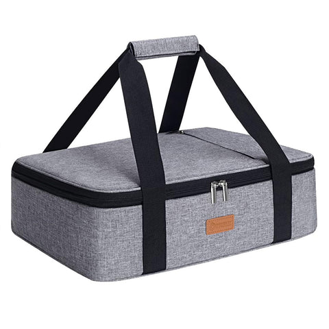 Poruary casserole carrier insulated lining keeps hot or cold meals ready on the go.