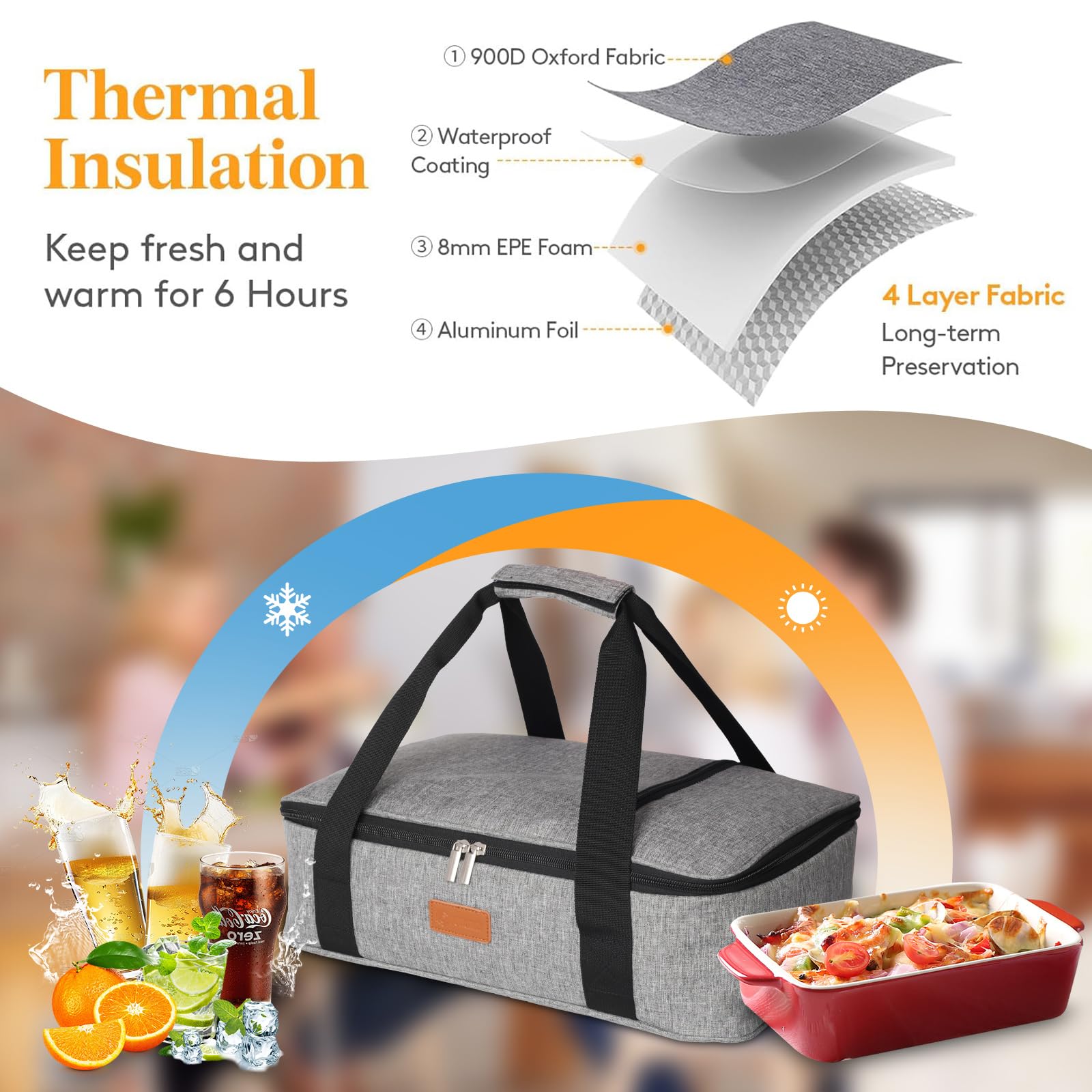 Poruary casserole carrier large main compartment fits up to 11x15 inch pans.
