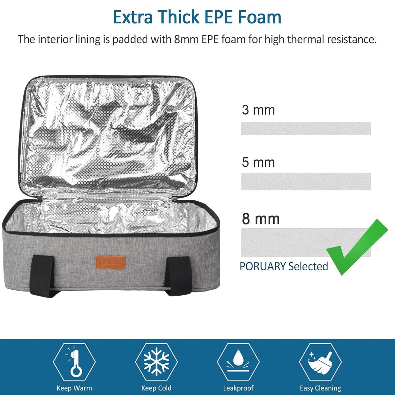 Poruary casserole carrier wrap-around handles provide easy transport.