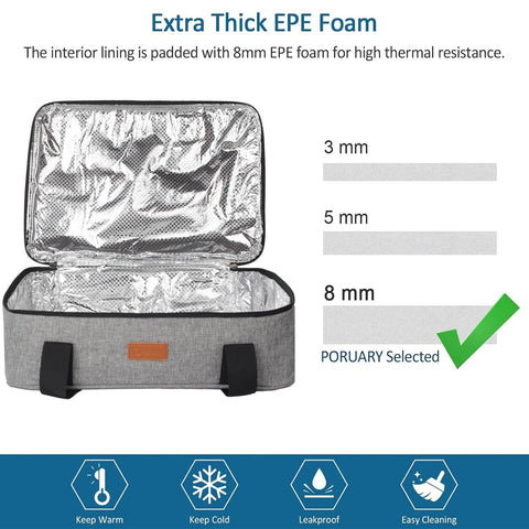 Poruary casserole carrier wrap-around handles provide easy transport.