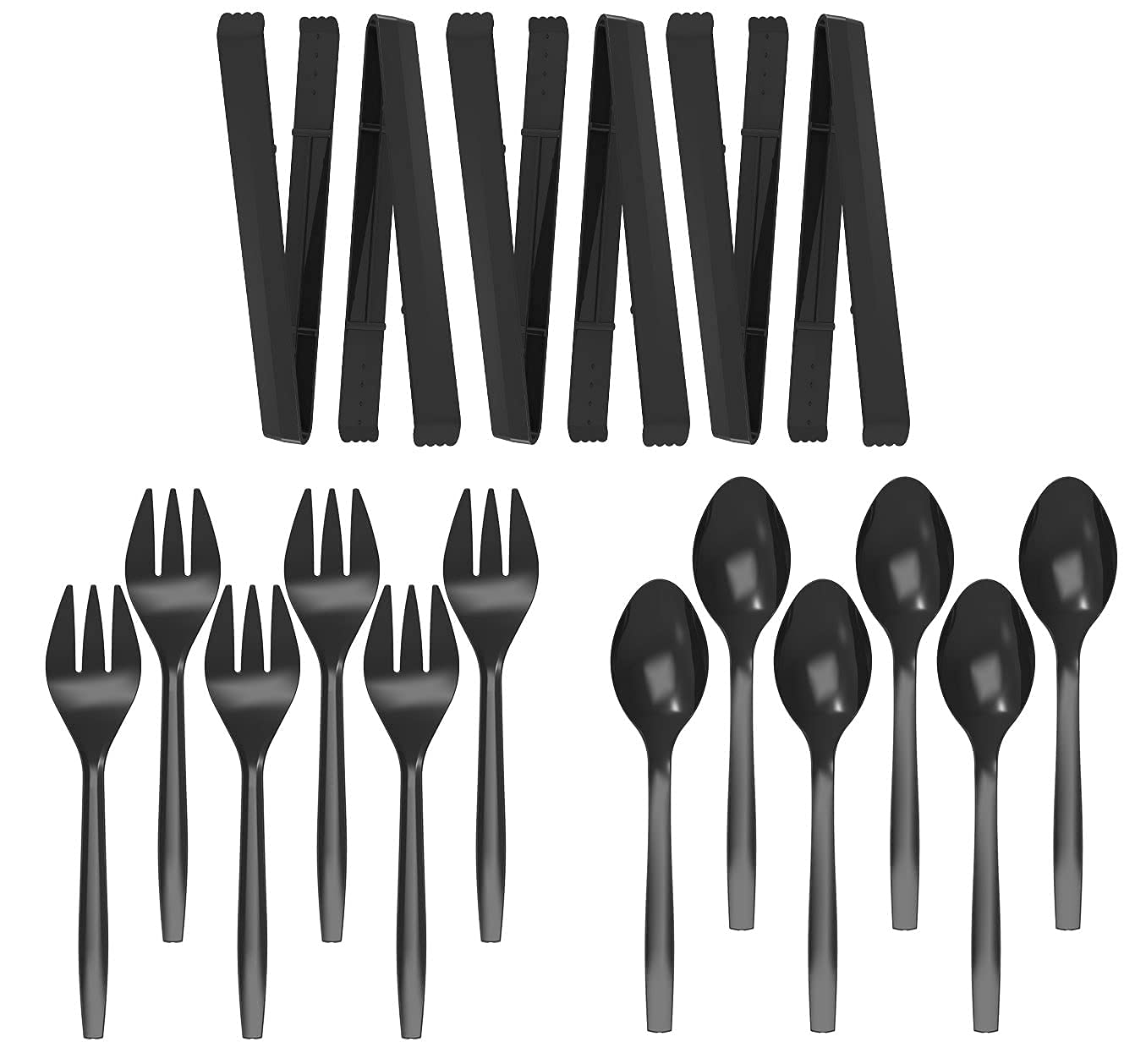 POSATE 18-piece plastic serving utensils set, 9-inch black, front view for easy party serving.