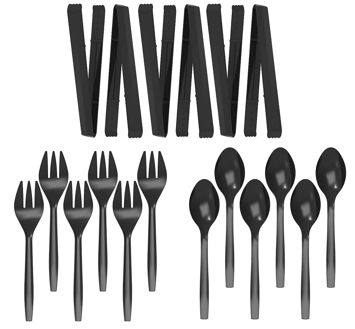 POSATE 18-piece plastic serving utensils set, 9-inch black, front view for easy party serving.
