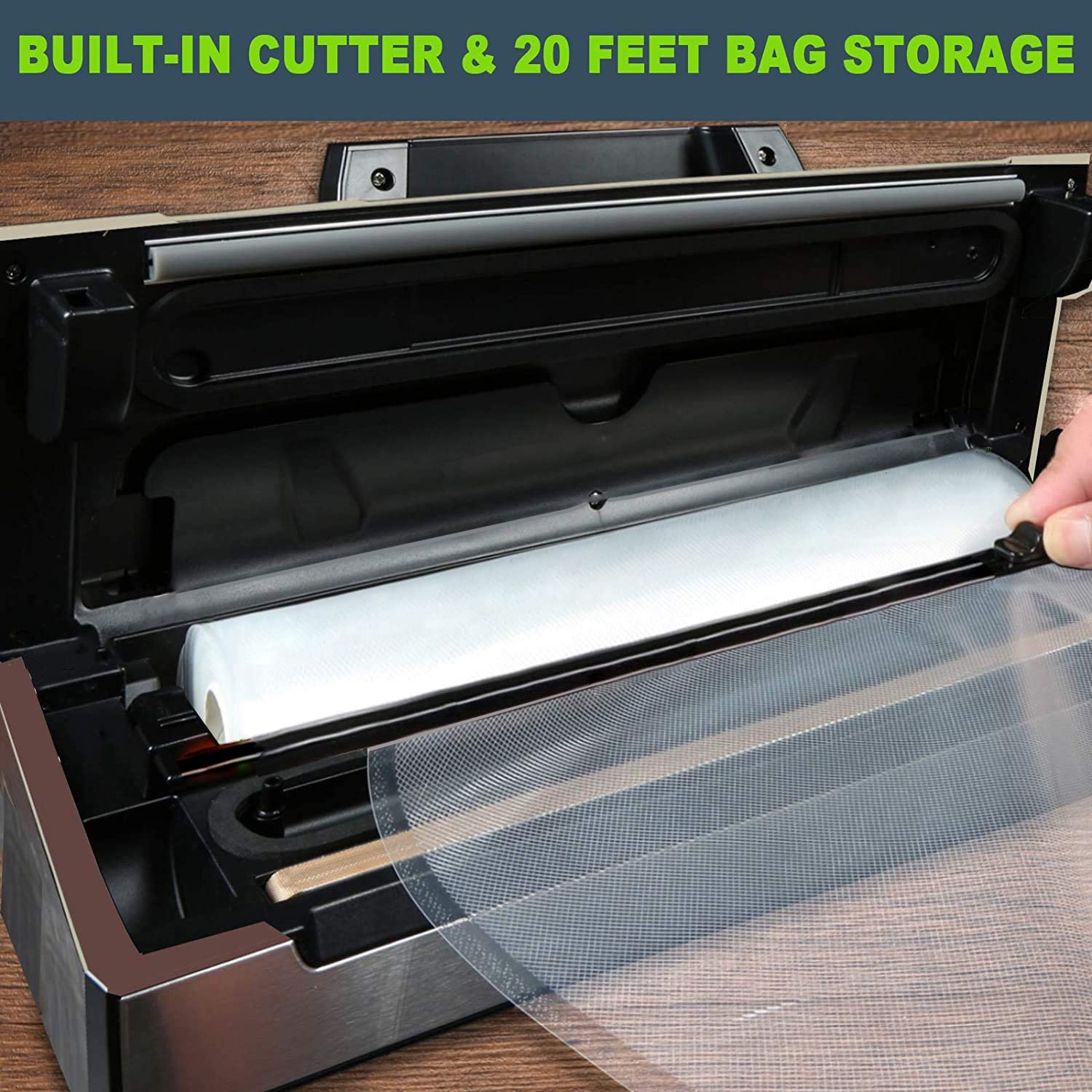 Potane Precision Vacuum Machine built-in cutter in action for easy bag prep.
