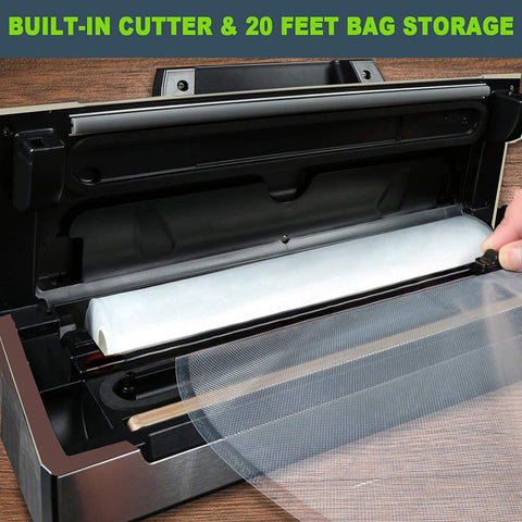 Potane Precision Vacuum Machine built-in cutter in action for easy bag prep.