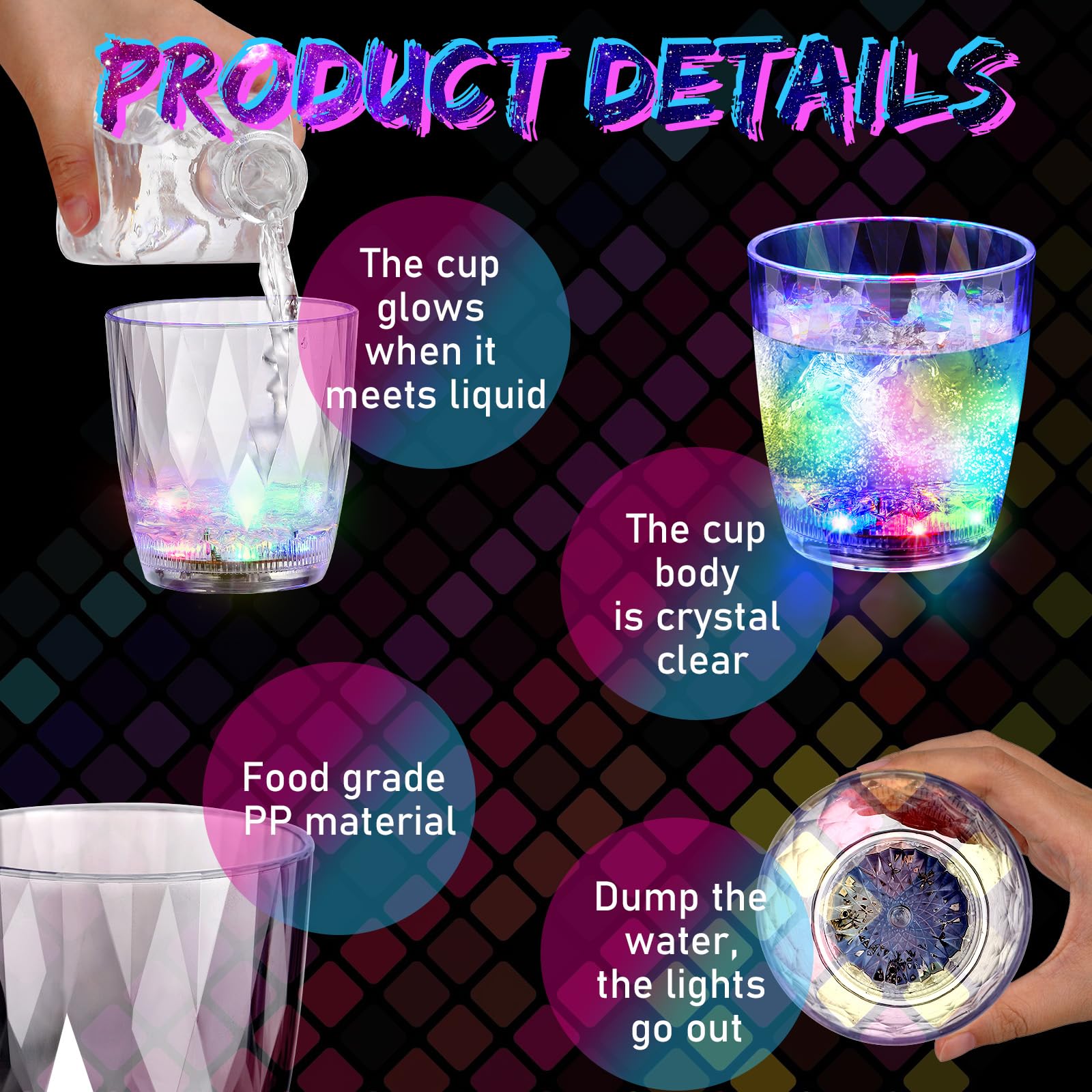 Potchen acrylic neon shot glasses show vibrant colors during celebrations.