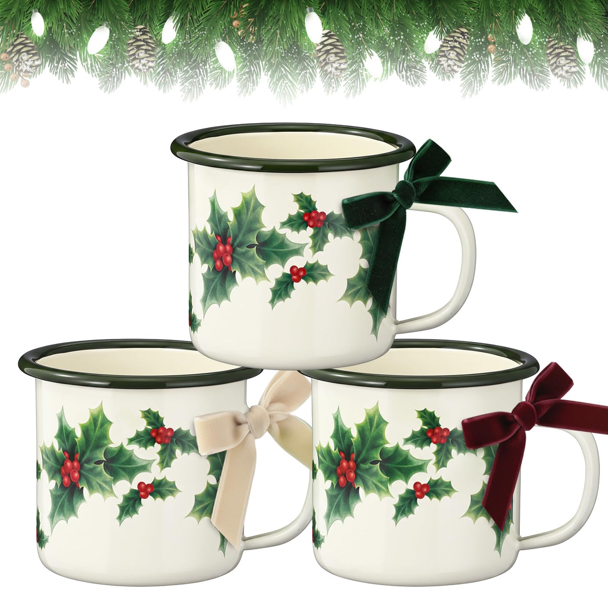 Potchen Christmas enamel mug set with holly pattern for festive coffee moments